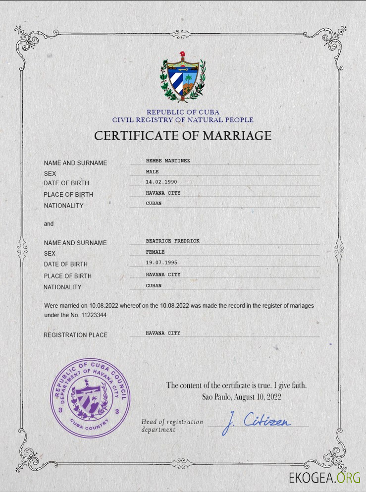 Modèle PSD de certificat de mariage à Cuba
